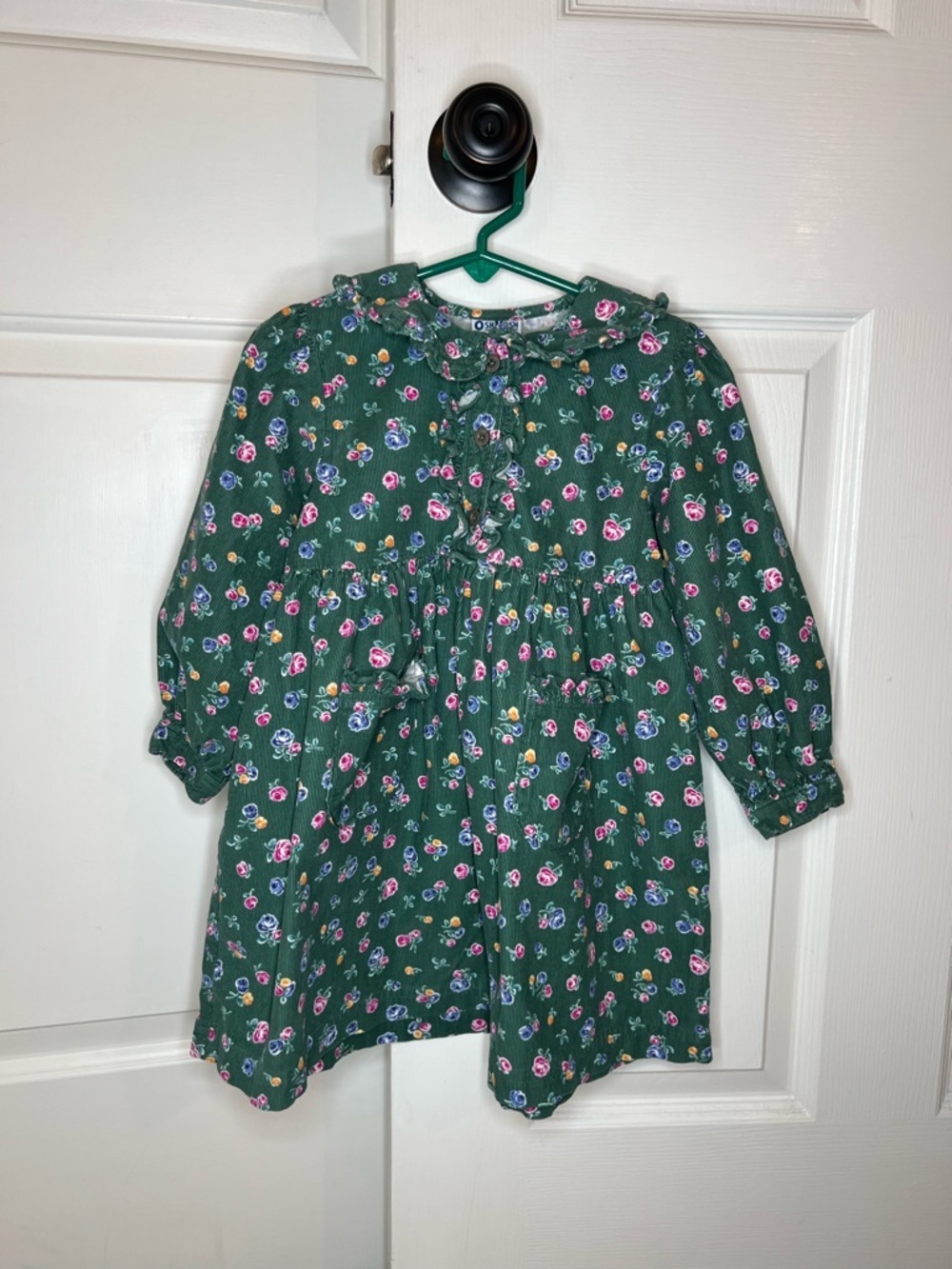 OshKosh B'gosh Green Long Sleeve Floral Corduroy Dress Girls Sz 3T.